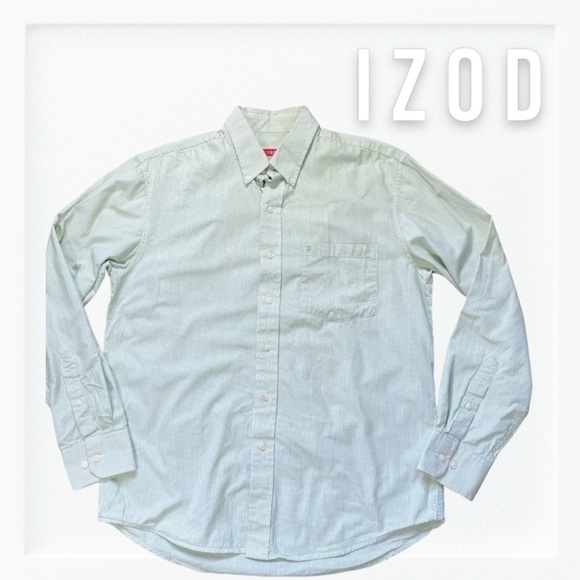 Izod White and Pale Green Pinstripe Button Down Shirt Sz M - Picture 1 of 12